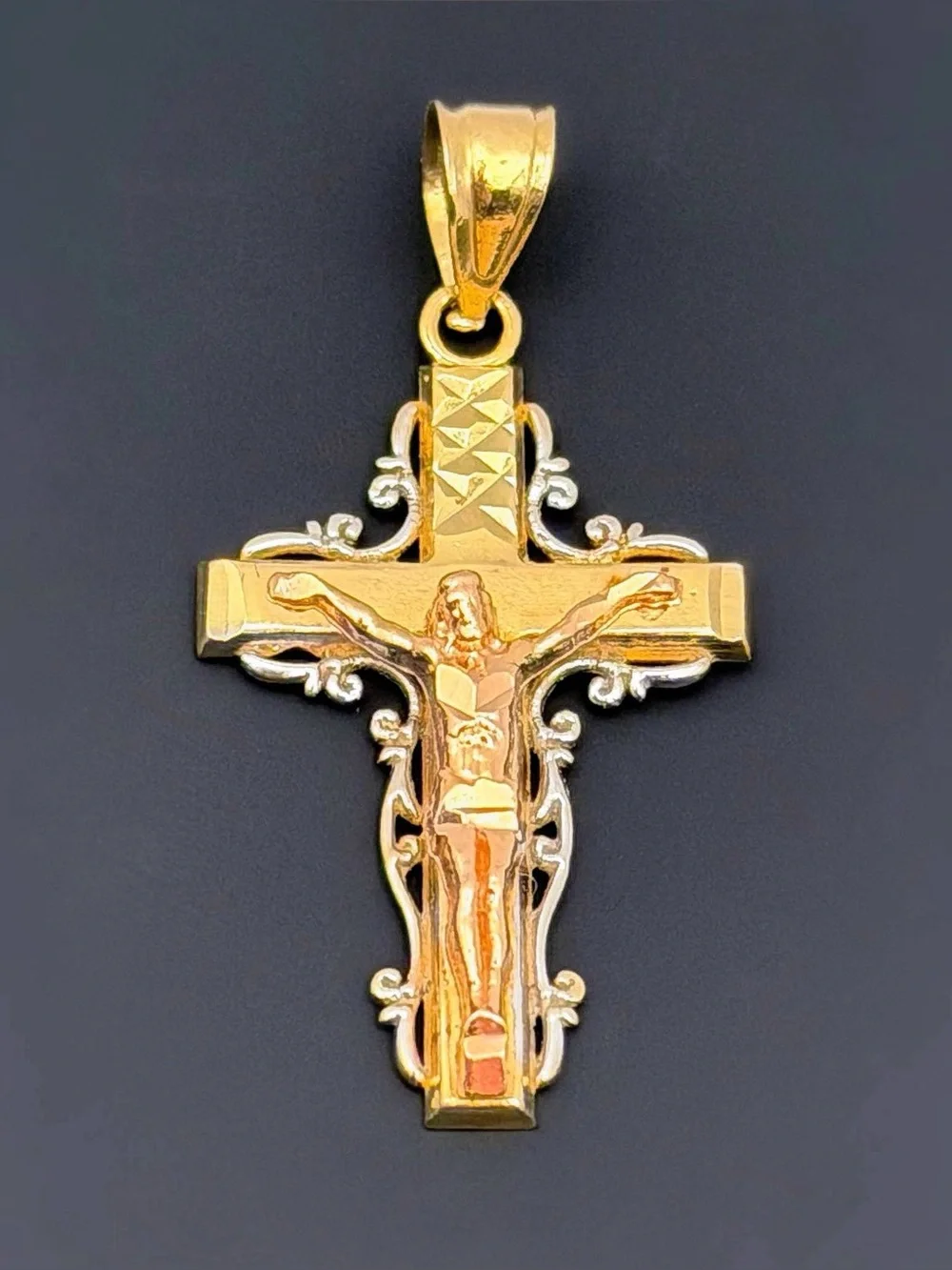 14k Solid Yellow Rose White Gold Three Tone Cross Diamond Cut Religious Charm Pe